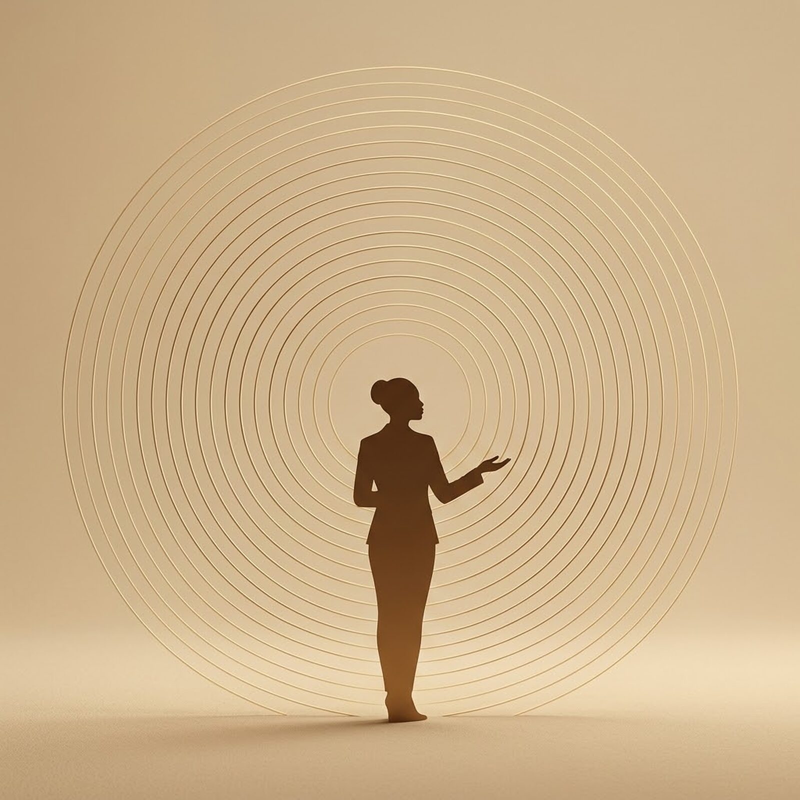 Silhouette entourée d'ondes concentriques de lumière, symbole de l'Art oratoire