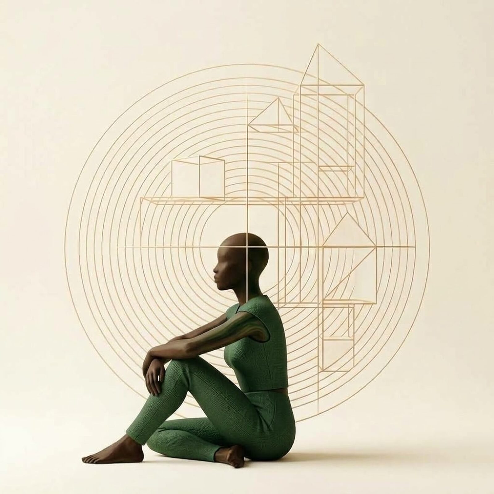Figure assise face à une architecture dorée, symbole de Ma vie comme projet
