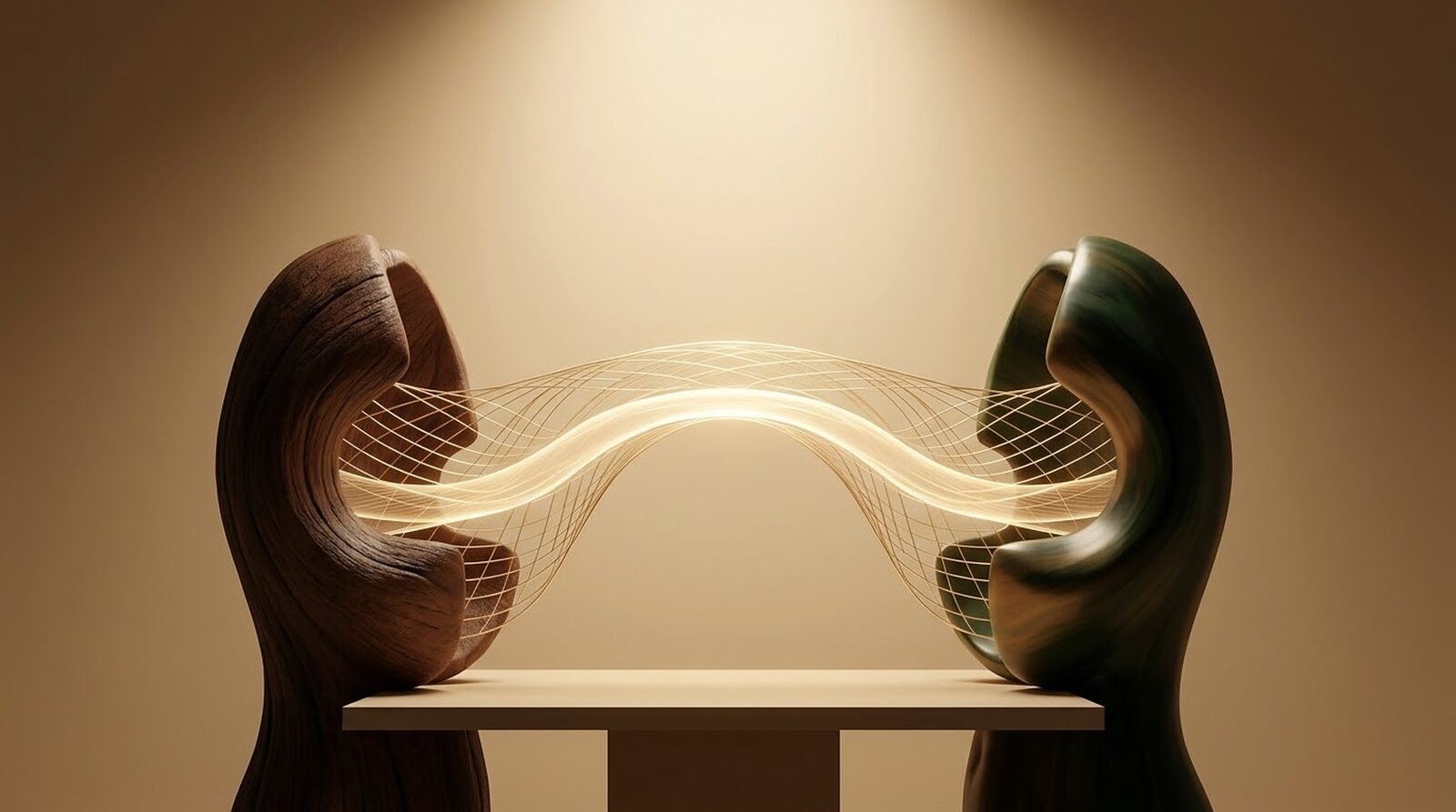 Deux formes sculpturales reliées par un pont de lumière, symbole de la Gestion des conflits